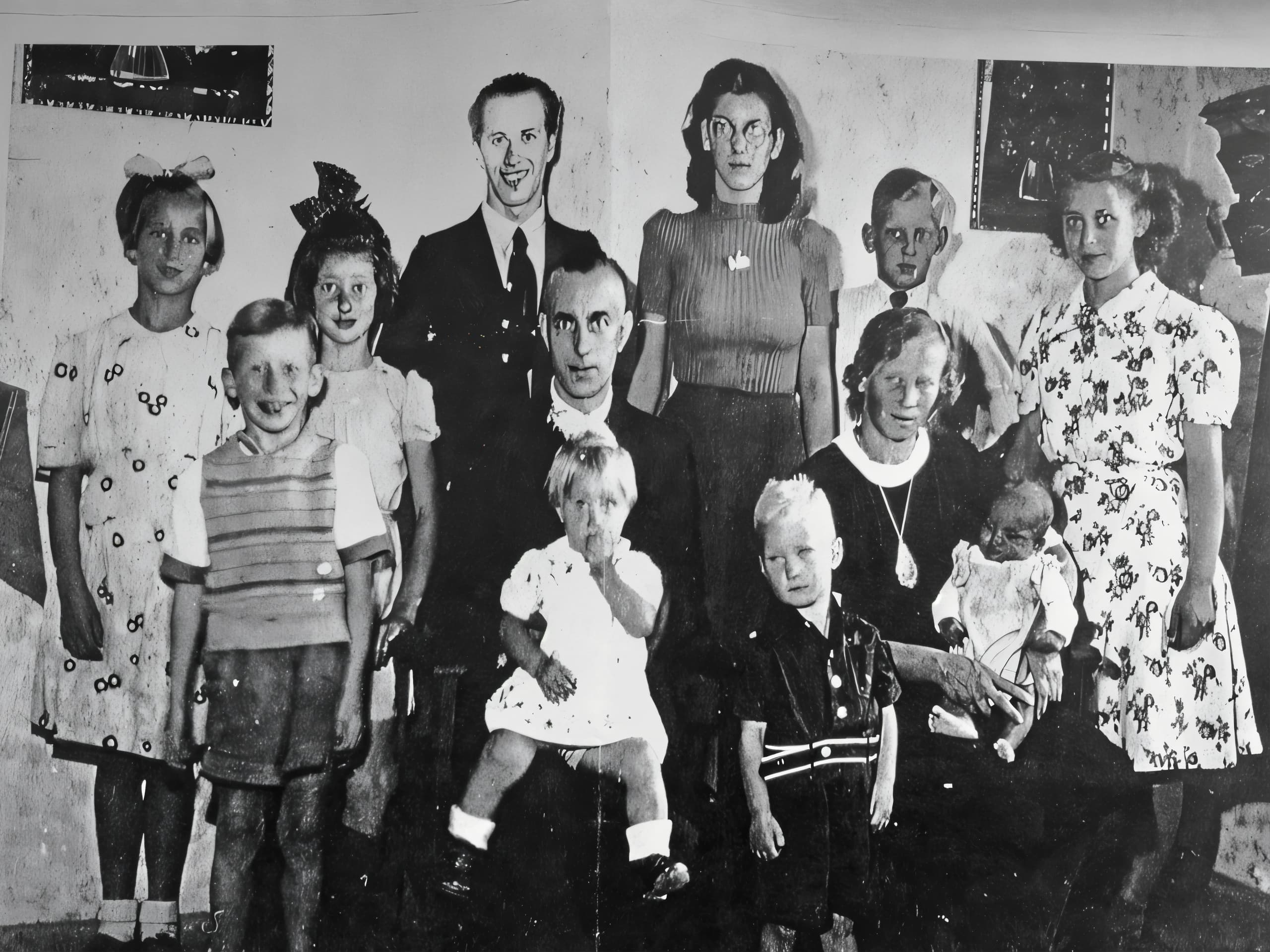 Het gezin Bekker met tien kinderen rond 1948. Roos Bekker staat in het midden tussen haar ouders