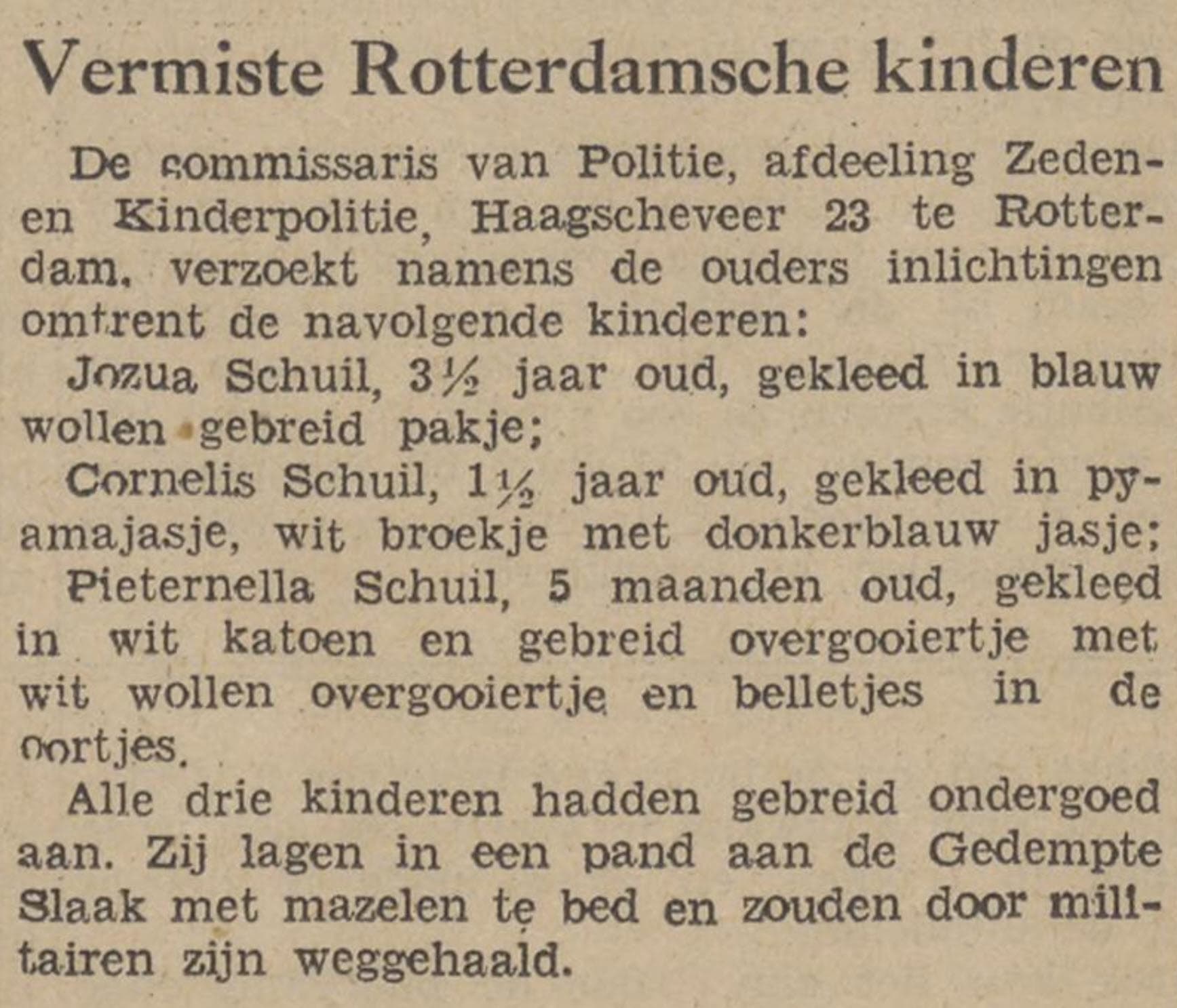 Krantenbericht over de vermissing van drie Rotterdamse kinderen Schuil